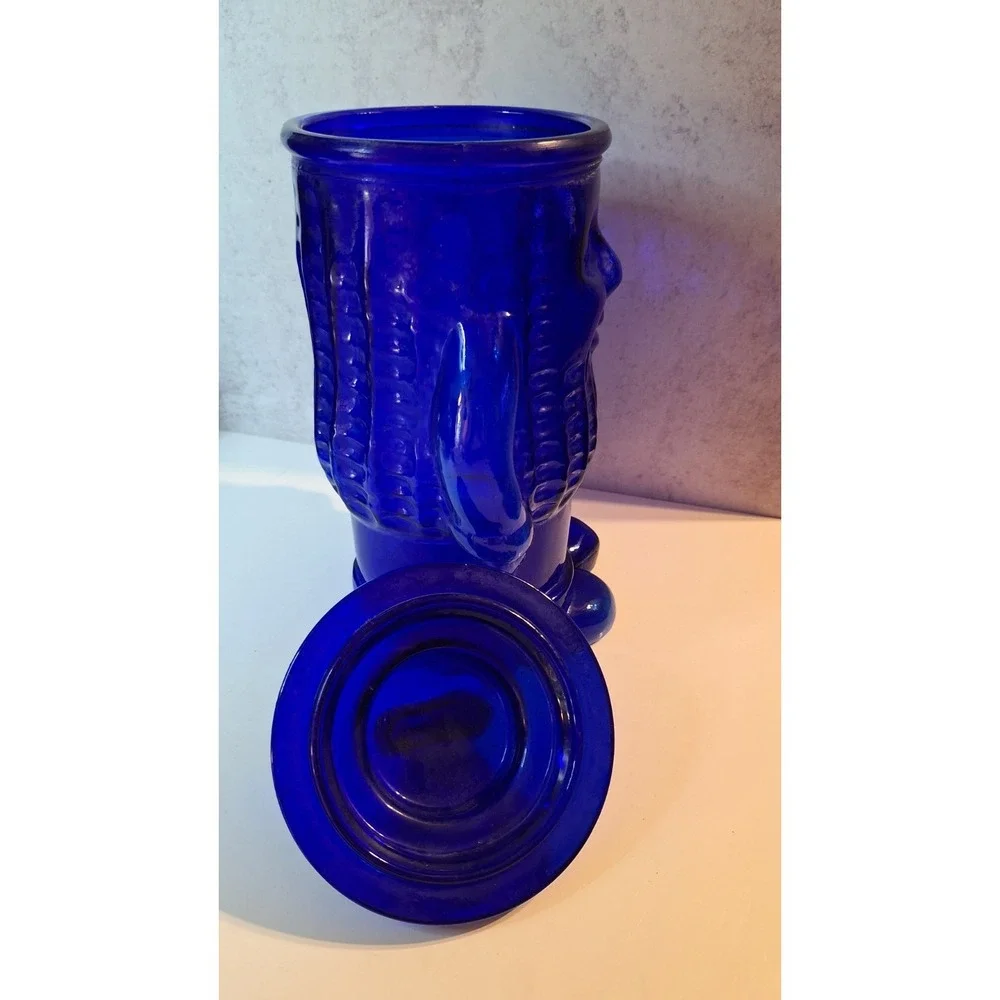 Vintage Planters Mr. Peanut Cobalt Blue Glass Cookie Jar with Lid 13 Inch USA